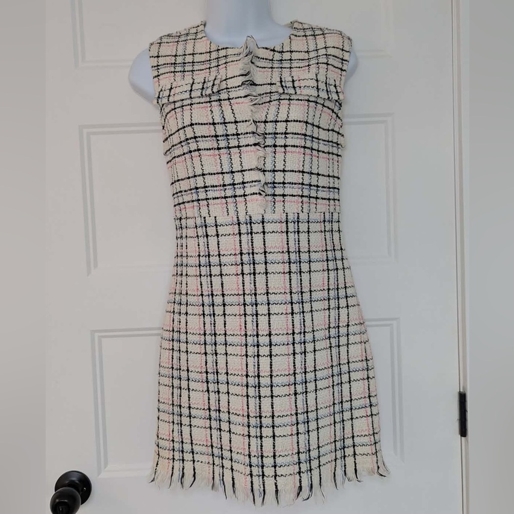 Maje Rianey Tweed Dress Size 34 Cream Plaid Fringe - Anthropologie dress - Picture 1 of 12